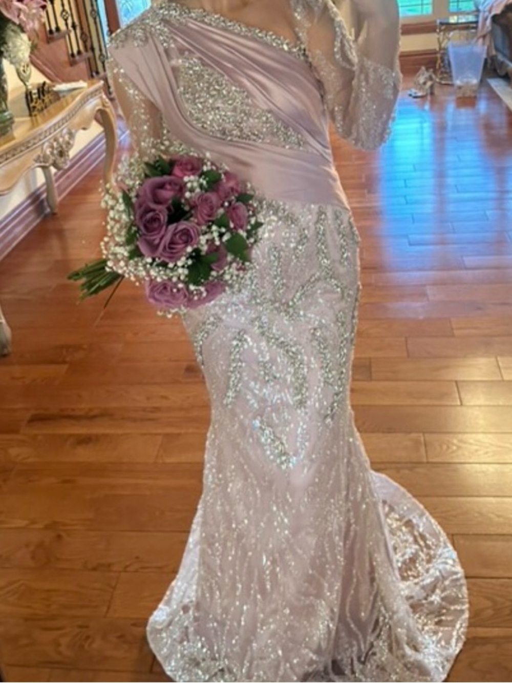 Stunning Custom Lavender Beaded One-Shoulder Evening Gown with Overskirt